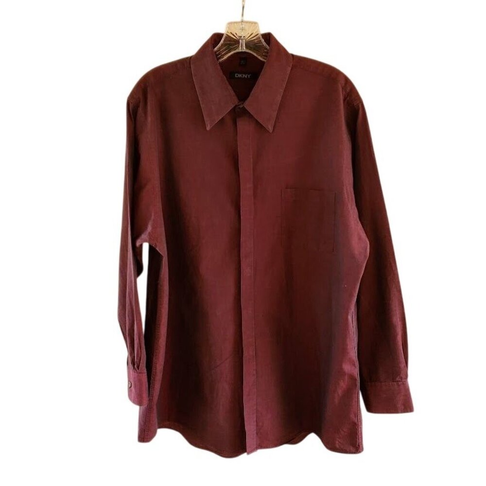 Vintage DKNY Iridescent Burgundy Shirt Y2K Minimalist Satin Button-Up 16.5 32/33